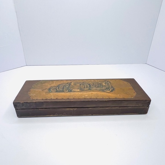 Vintage Handmade Wooden Pencil Box With Copper Bas-Relief Design Truck Transport - Picture 11 of 13